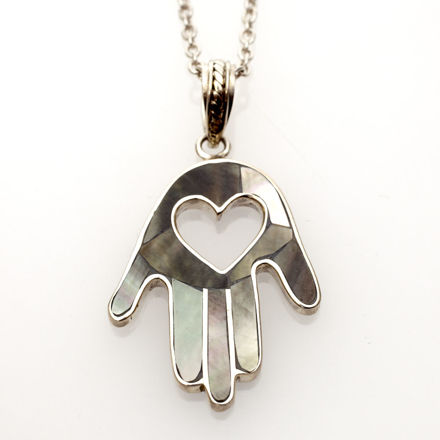 Picture of #B535-B Black Mussel Shell and Sterling Silver Heart Hamsa