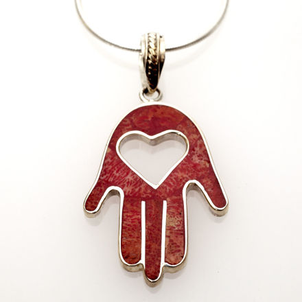 Picture of #B535-C Red Coral and Sterling Silver Heart Hamsa