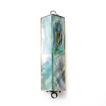 Picture of #HR-B533-G Green Mother of Pearl Triangle Sterling Silver Mezuzah Case