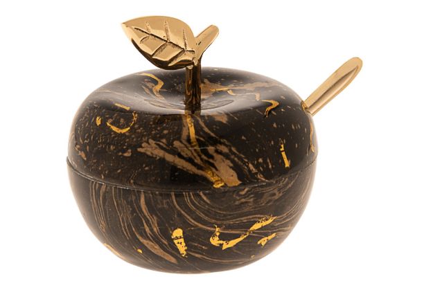 Picture of #479-BG Honey Dish Enamel Brown and Gold with spoon